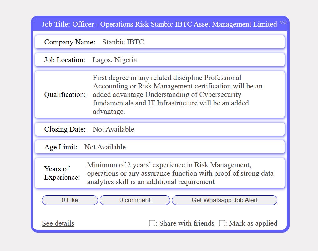 Officer - Operations Risk Stanbic IBTC Asset Management Limited ...